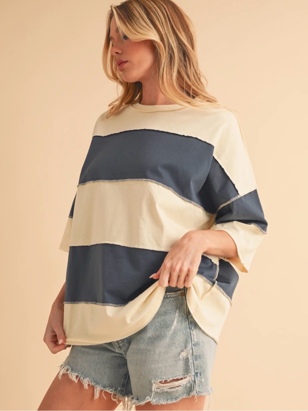 Boxy Short Sleeve Stripe Tee in Cream and Navy